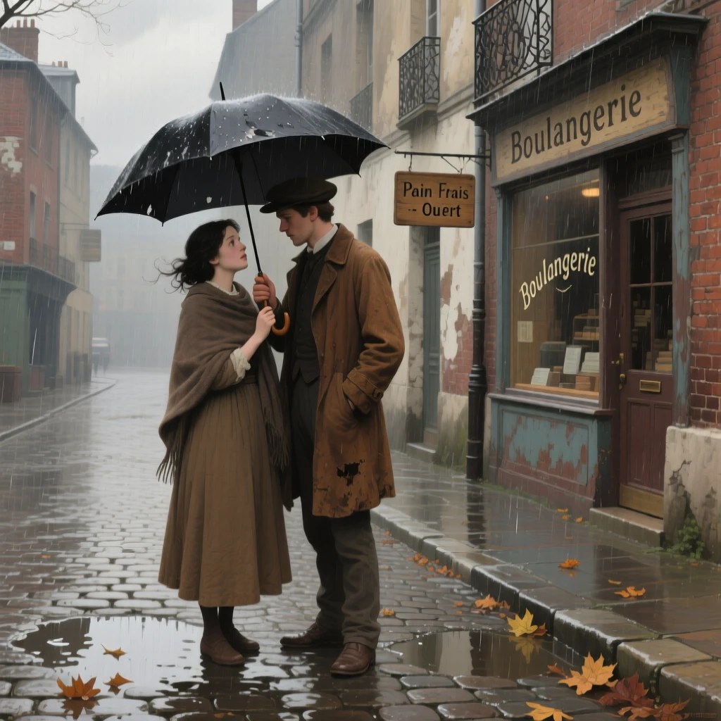 A young couple sharing a quiet, tender moment on a rain-soaked city street, as a gentle breeze catches loose strands of hair, capturing a universal, deeply human moment of emotion