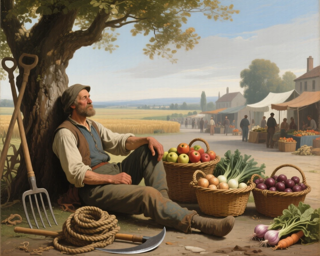 A farmer resting beneath a tree after a long day in the fields in a small, quiet moment made luminous and lasting, set within a bustling market square filled with color and life, with baskets of produce, coils of rope, and tools of an honest trade; the horizon and open sky give even modest labor room to breathe, evoking dignity, warmth, and the quiet poetry of daily life.