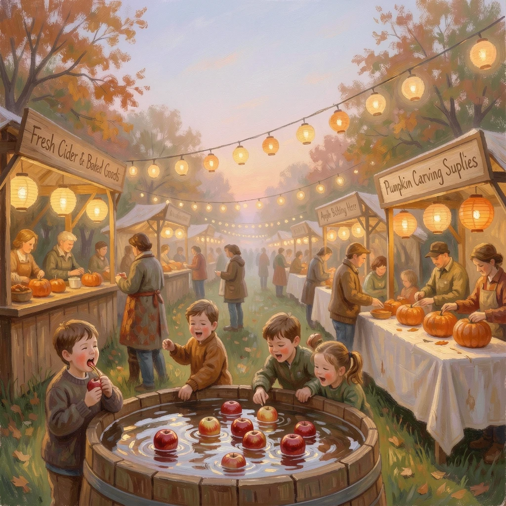 A community harvest festival with lantern-lit stalls, apple bobbing, and pumpkin carving under an autumn sky.