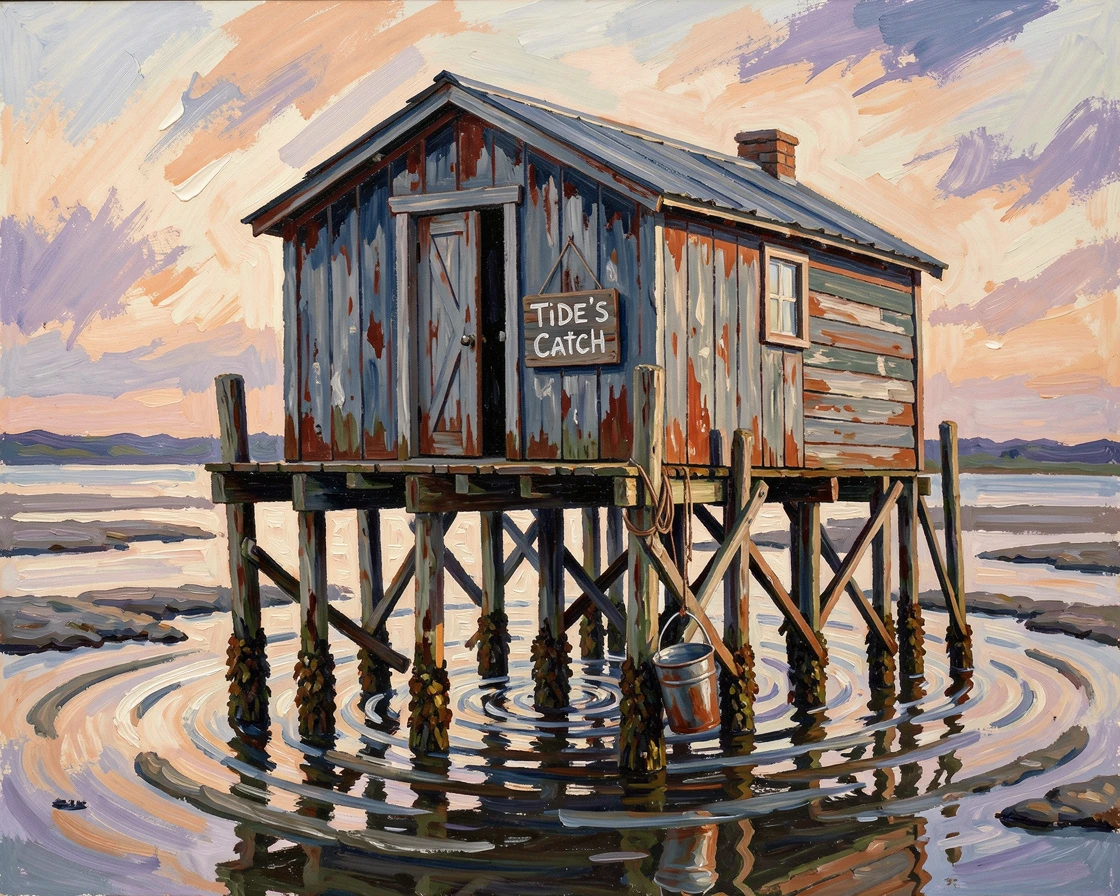 A weathered fishing shack on stilts above the water at low tide.