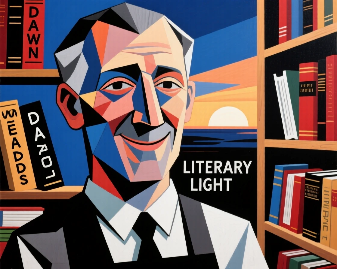 A close-up portrait of a bookshop owner smiling gently as the first light of dawn touches the horizon.