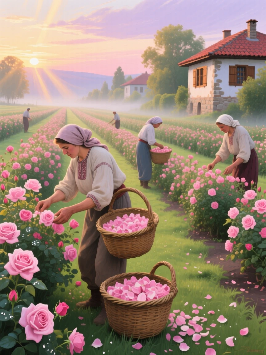 A traditional rose garden in Bulgaria shows workers harvesting pink Damask roses at dawn, baskets overflowing with petals destined for perfume production, the composition balancing a wide sweeping view with intimate, carefully observed foreground detail.
