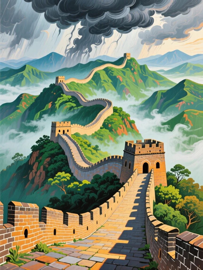 The Great Wall of China snaking over misty green mountains, as storm clouds gather overhead, long shadows stretching across the ground
