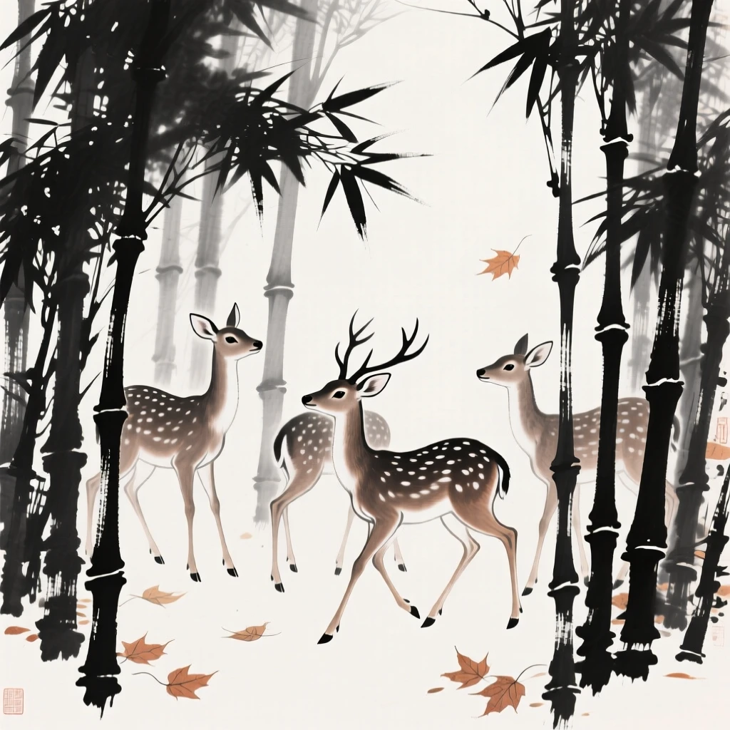 A group of deer moves cautiously through a bamboo thicket, as autumn leaves fall gently around them.