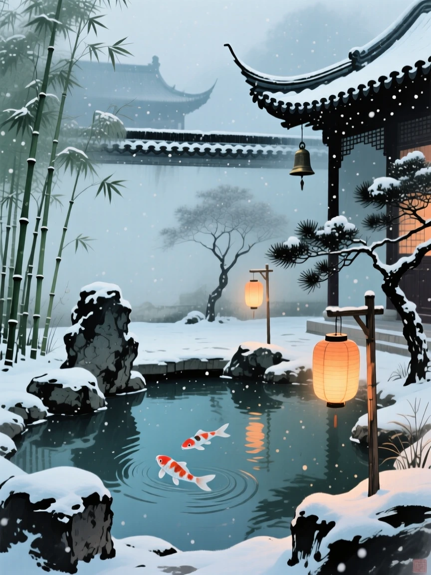 A secluded garden courtyard with a small koi pond, with distant temple bells barely audible on the wind, as lanterns are lit for the evening, beneath softly falling snow.