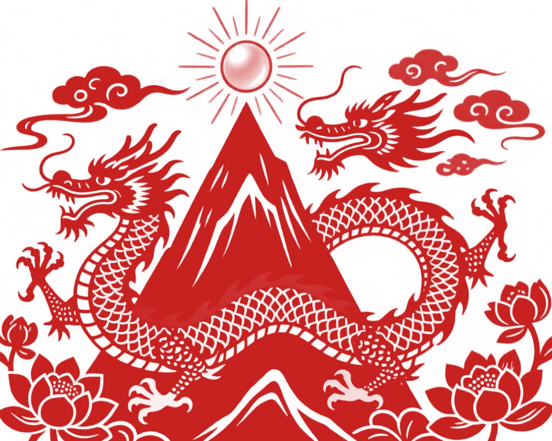 A dragon curling protectively around a mountain peak crowned with a glowing pearl