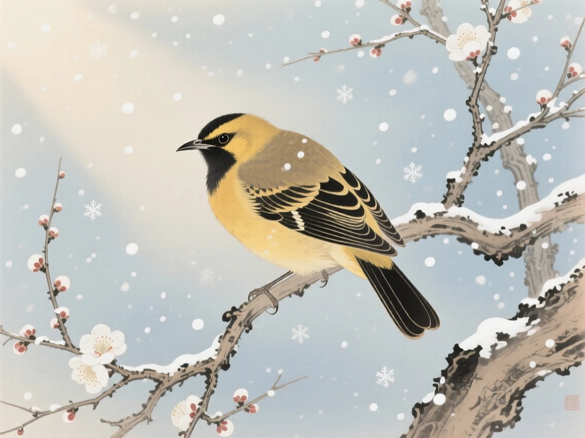 An oriole huddled together during a gentle snowfall, soft morning light filtering through the branches