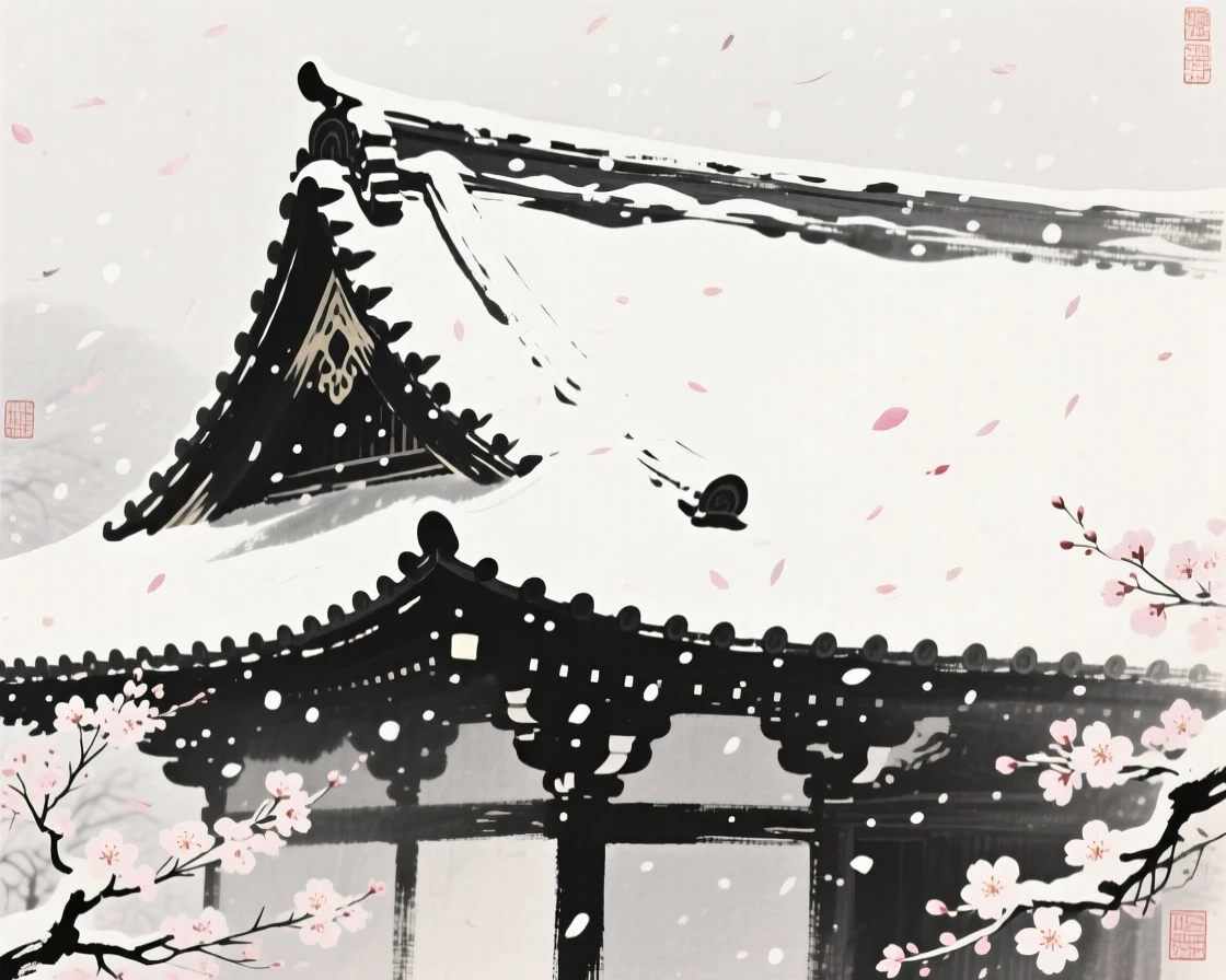 The first snowfall settling gently over a quiet temple roof, framed through drifting petals or falling snow for depth, carrying a joyful yet peaceful atmosphere.