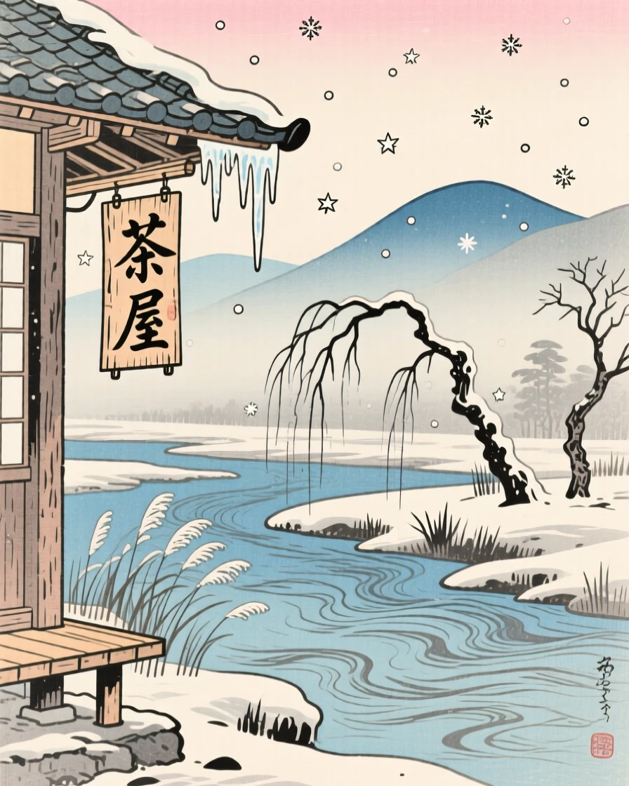 Icicles hanging from a wooden eave along a slow-moving river.