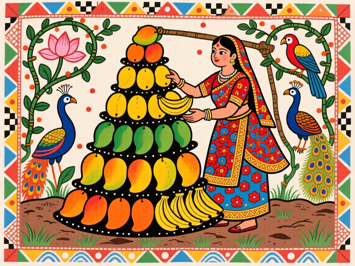 A fruit seller stacking mangoes and bananas into neat pyramids.