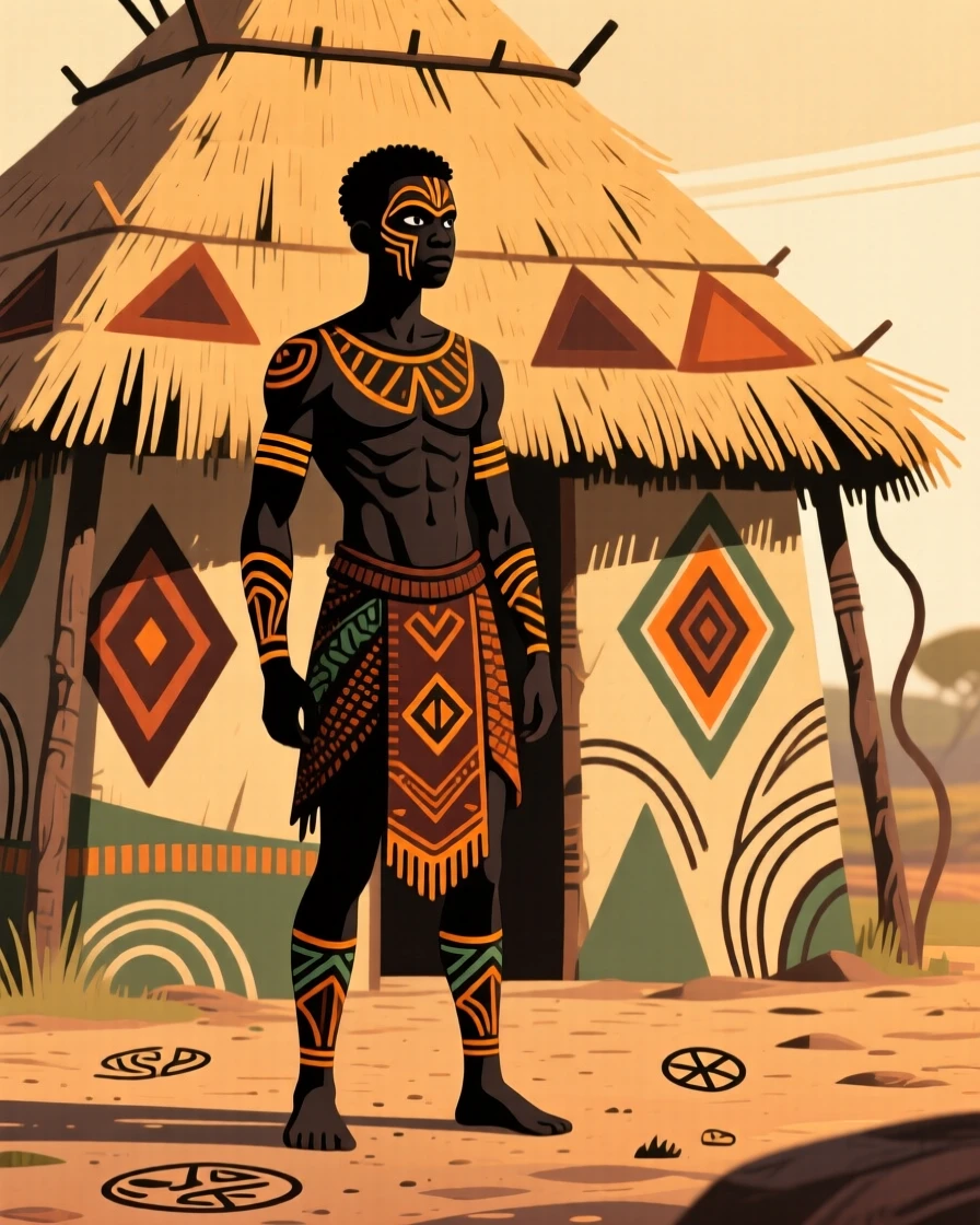 A tall young warrior standing before a thatched hut at golden hour.