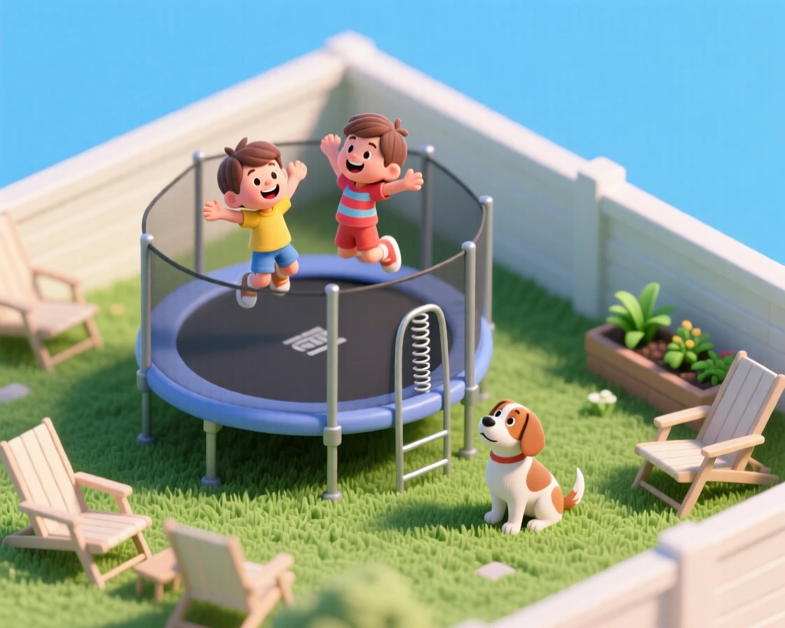 A backyard scene of setting up a trampoline session, kids mid-jump against a blue sky, and a dog watching eagerly from the grass below.