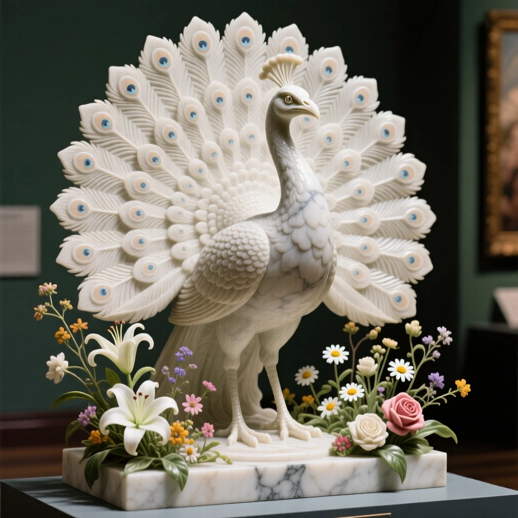 A peacock displaying its feathers captured in a powerful, dignified pose amid blooming wildflowers