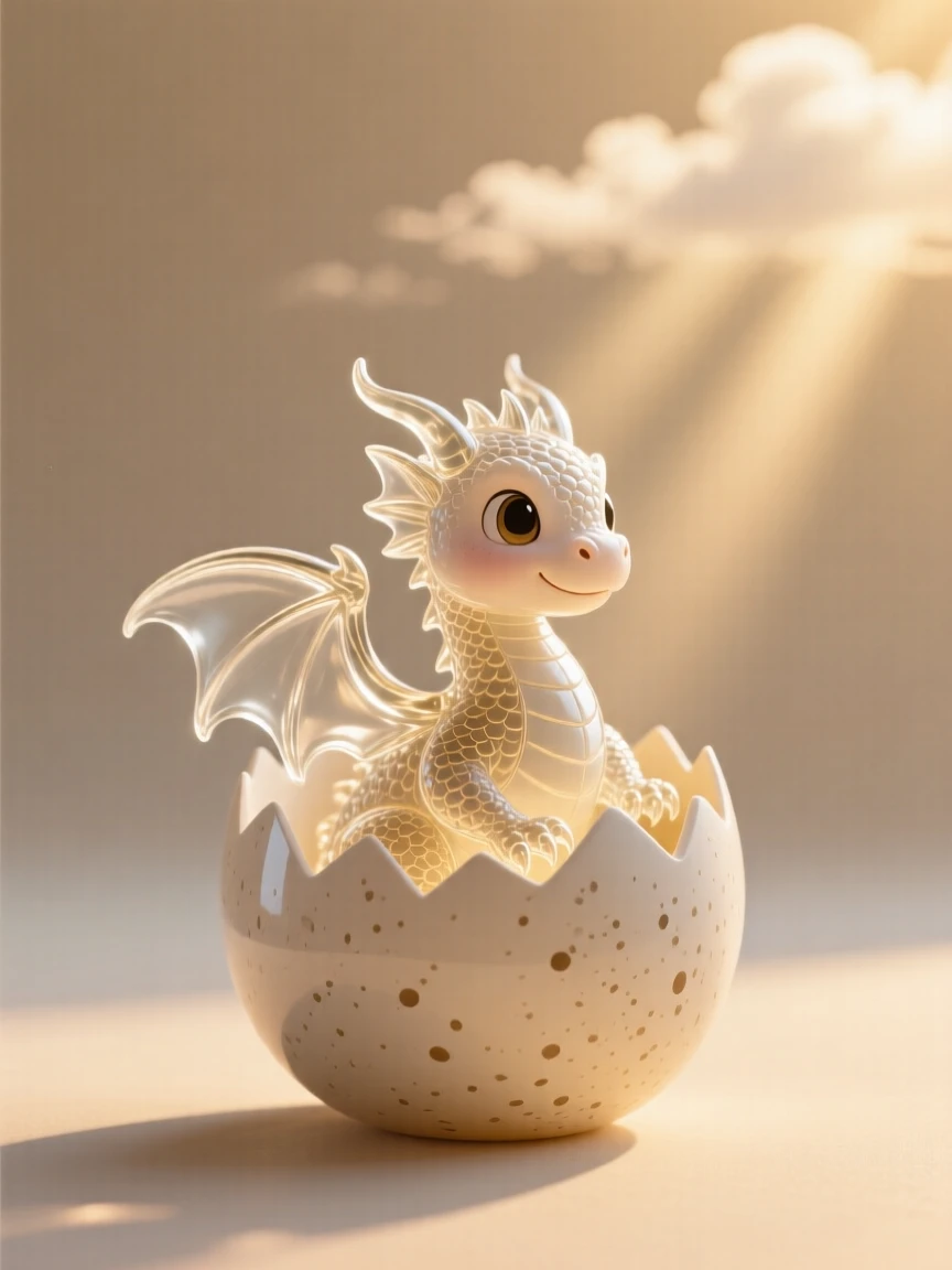 A baby dragon hatching from a speckled egg at golden hour with warm rays breaking through the clouds, epic scale composition, inspiring a sense of wonder and hope.