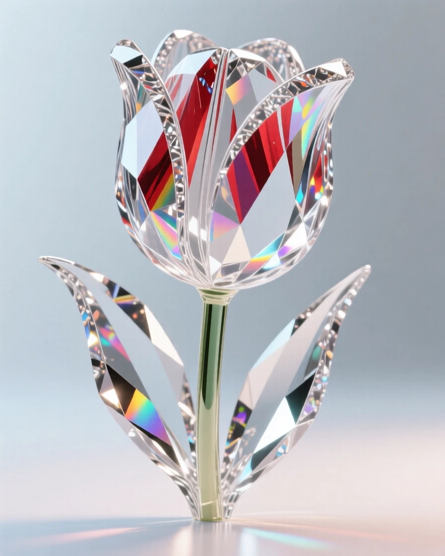 A single tulip with a natural streaked pattern of red and white petals.