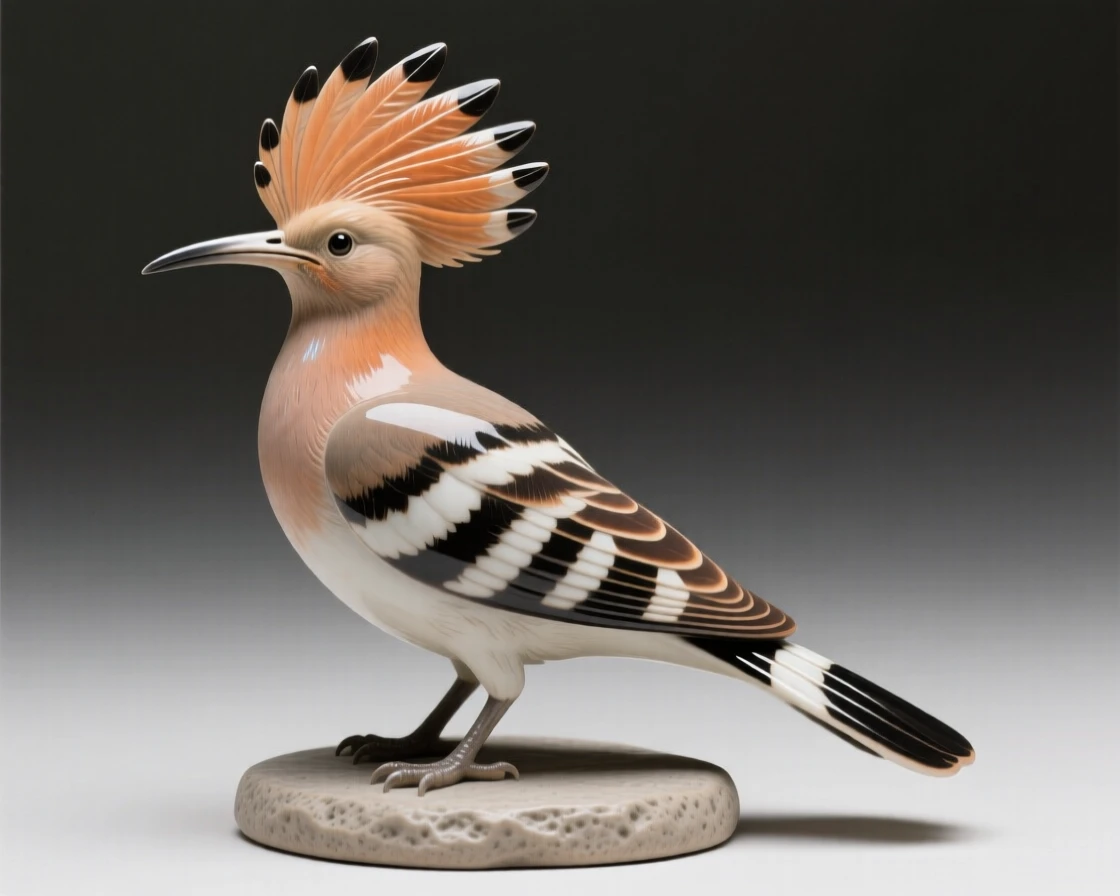 A hoopoe with its crest fully raised standing proudly with plumage on full display, with iridescent feathers catching the light, radiating delicate, fleeting beauty.