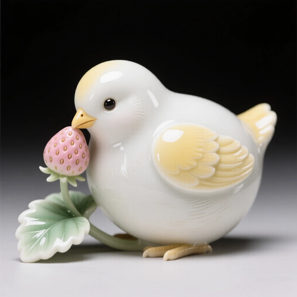 A tiny chick nibbling on a wild strawberry, radiating quiet, gentle charm.