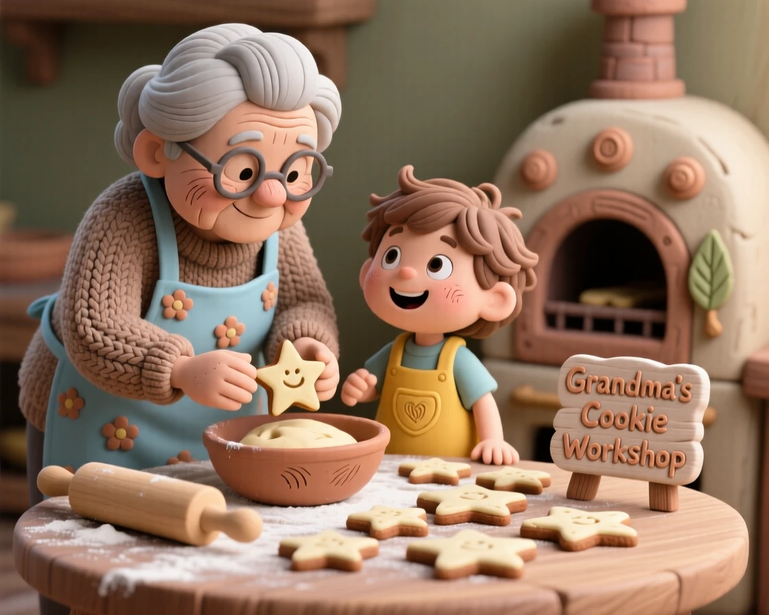 A grandmother teaching her grandchild to bake cookies shaped like stars