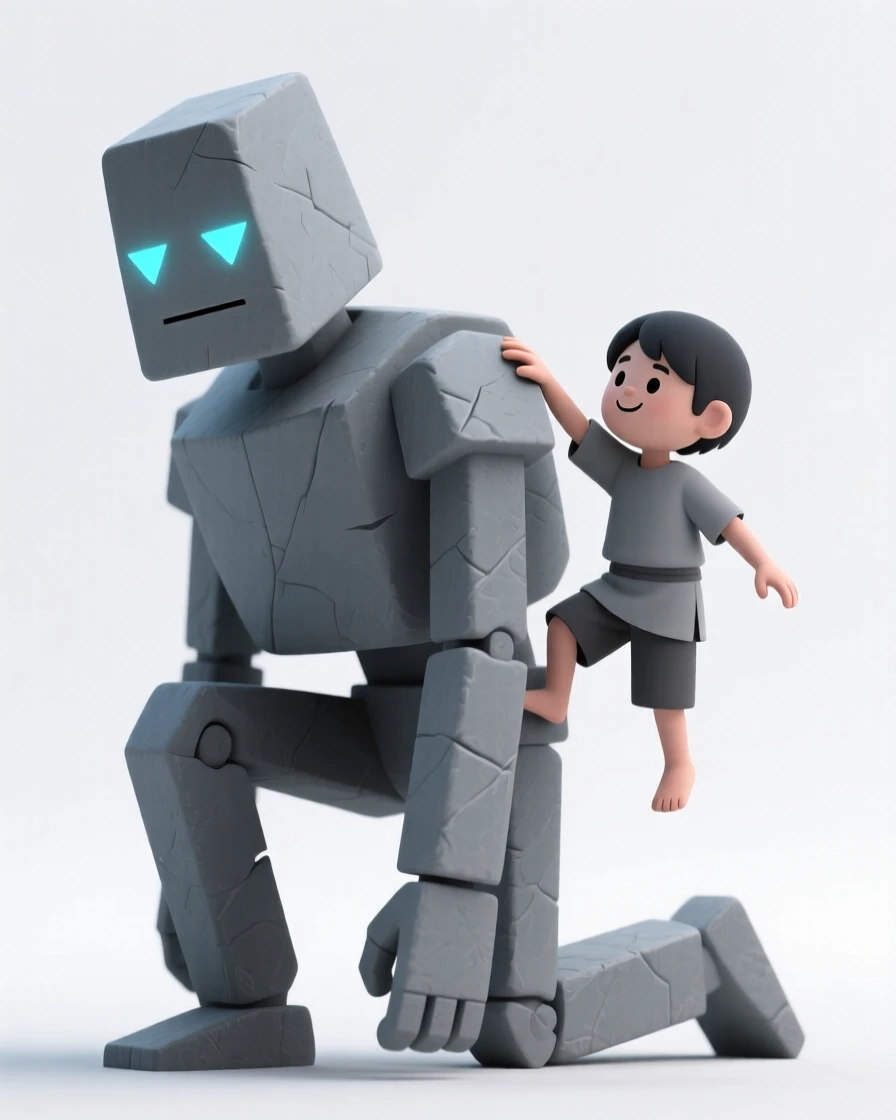 A stoic golem made of enchanted stone kneels gently to let a small child climb onto its massive shoulder.