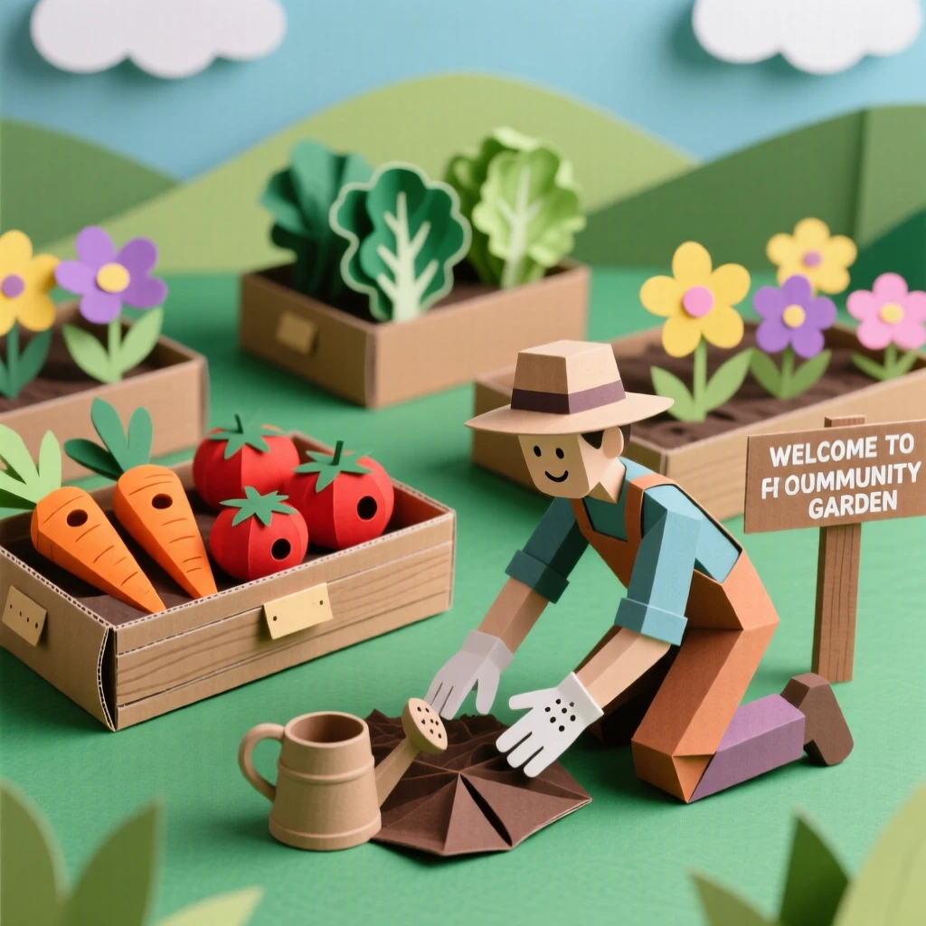 A vibrant community garden with raised beds of blooming vegetables and flowers, a gardener kneeling to tend the soil, evoking nurturing patience.