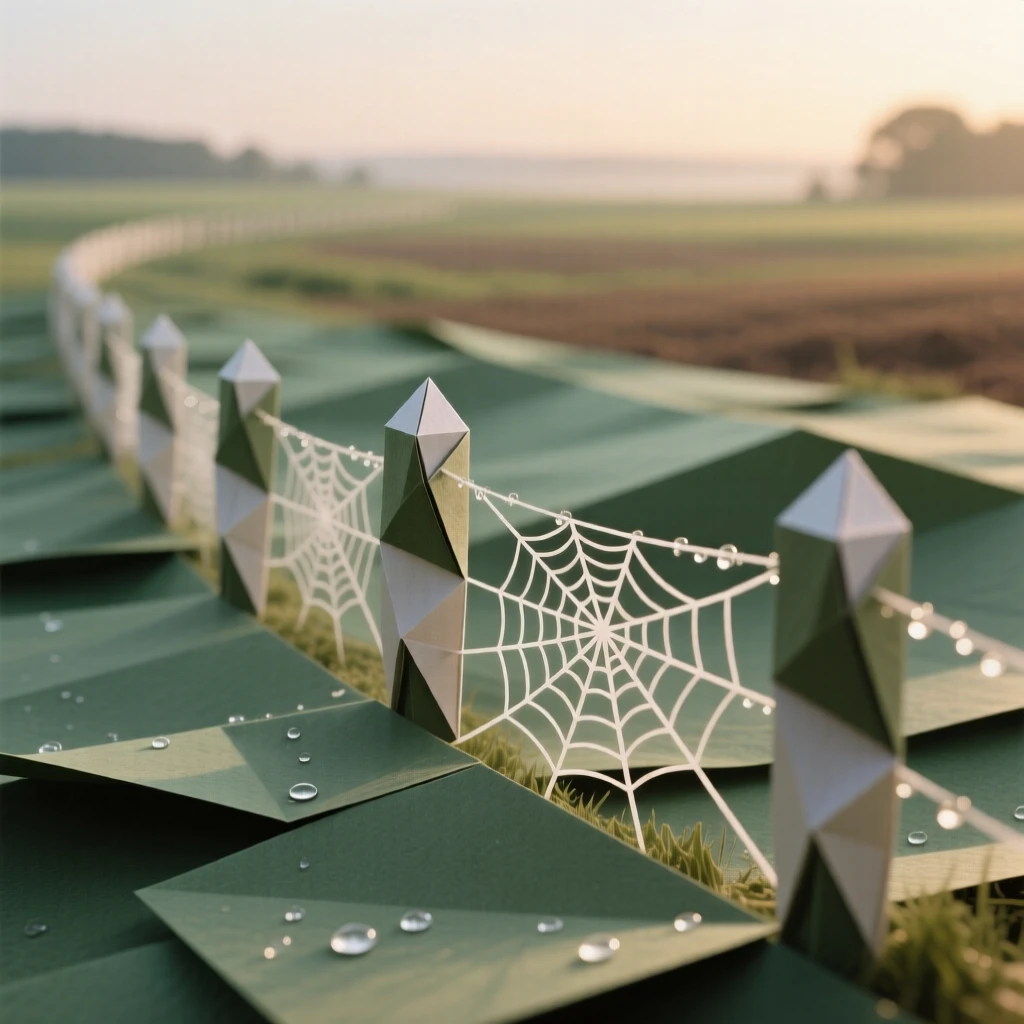 A quiet countryside pasture at dawn, spider webs strung between fence posts glistening with dew.
