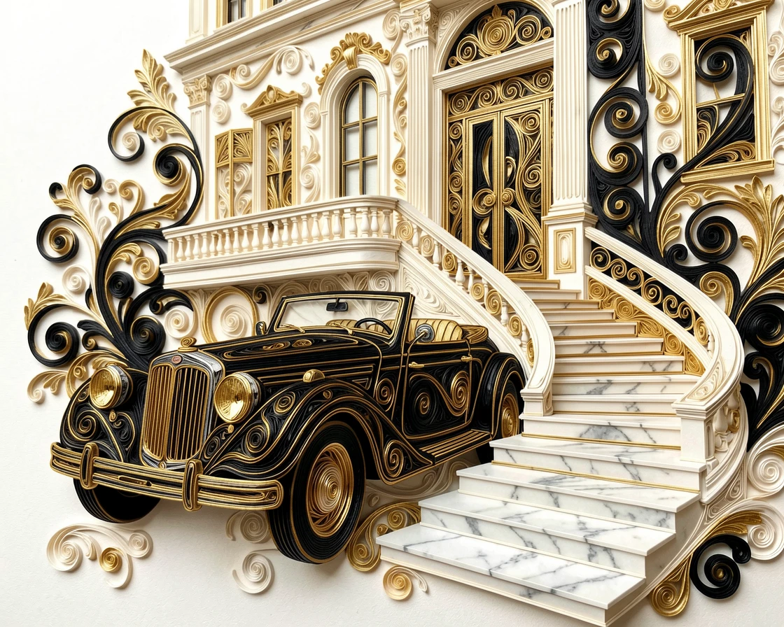 a vintage convertible parked outside a grand villa, beside a sweeping marble staircase, framed with an air of quiet, understated elegance, in a rich palette of black, gold, and ivory.