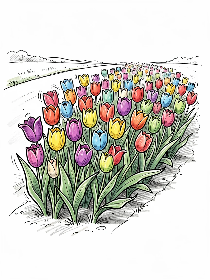 A bed of tulips in a rainbow of colors along a countryside road.