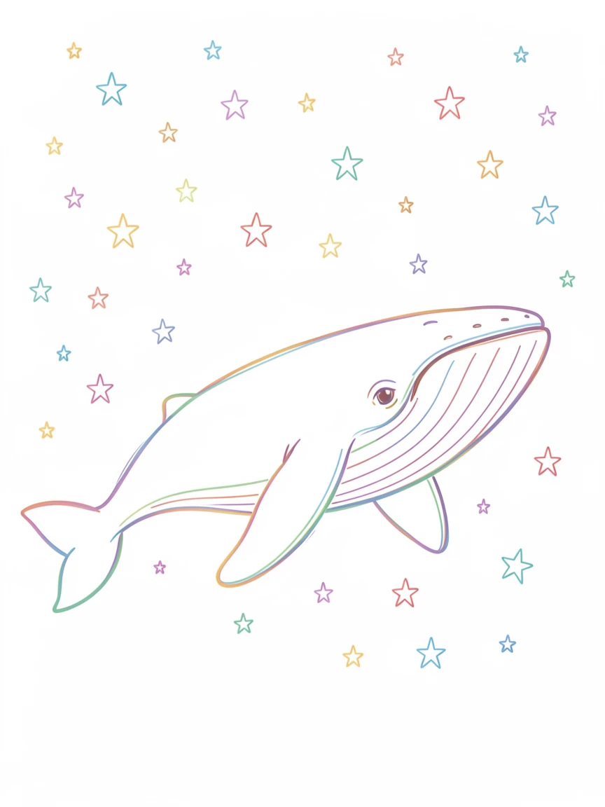 A giant whale swimming through a sky filled with stars instead of water.
