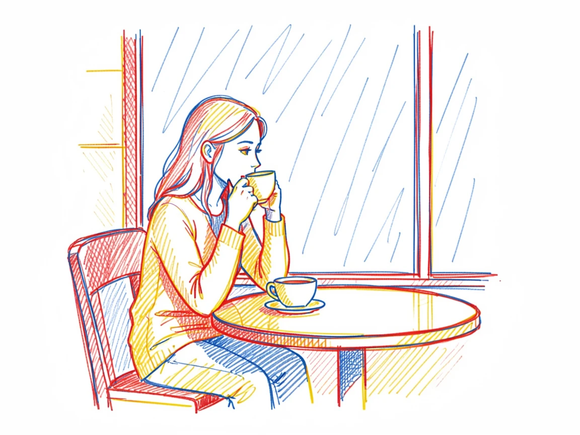A woman sipping coffee alone at a café table by a rain-streaked window