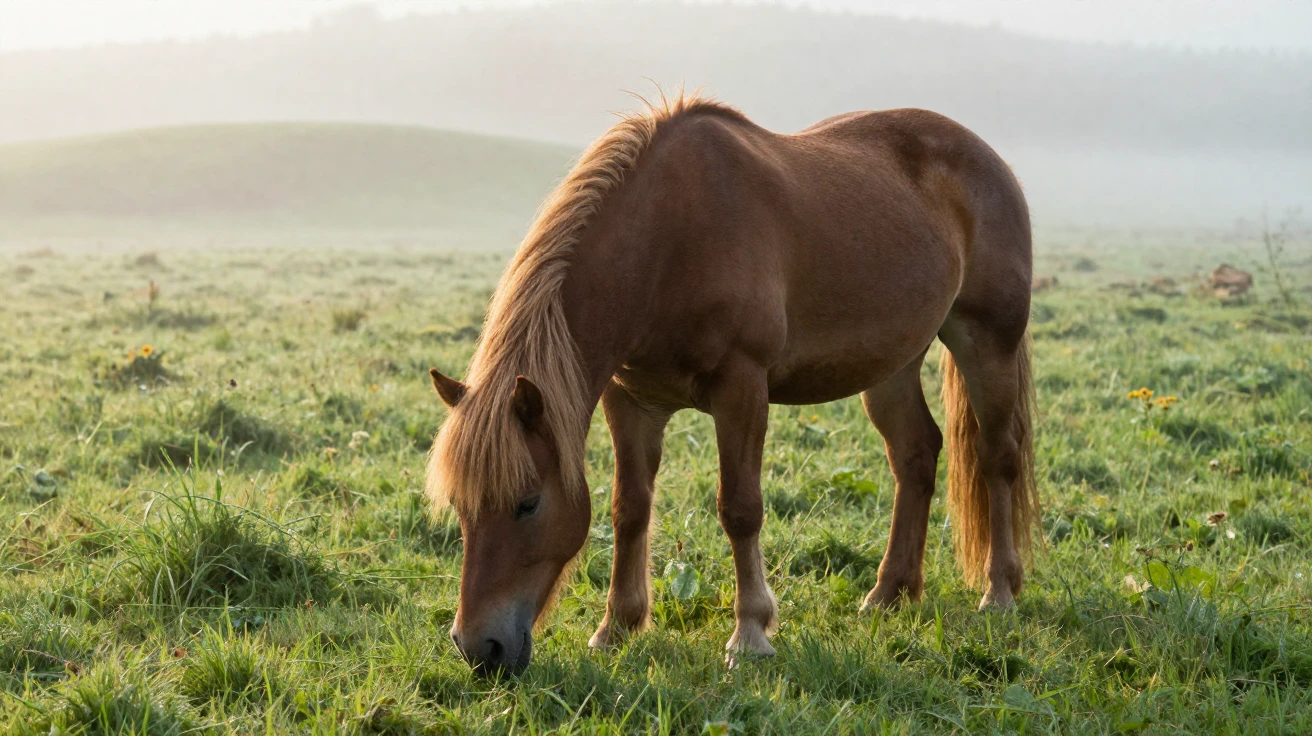 A pony grazing in a misty green pasture