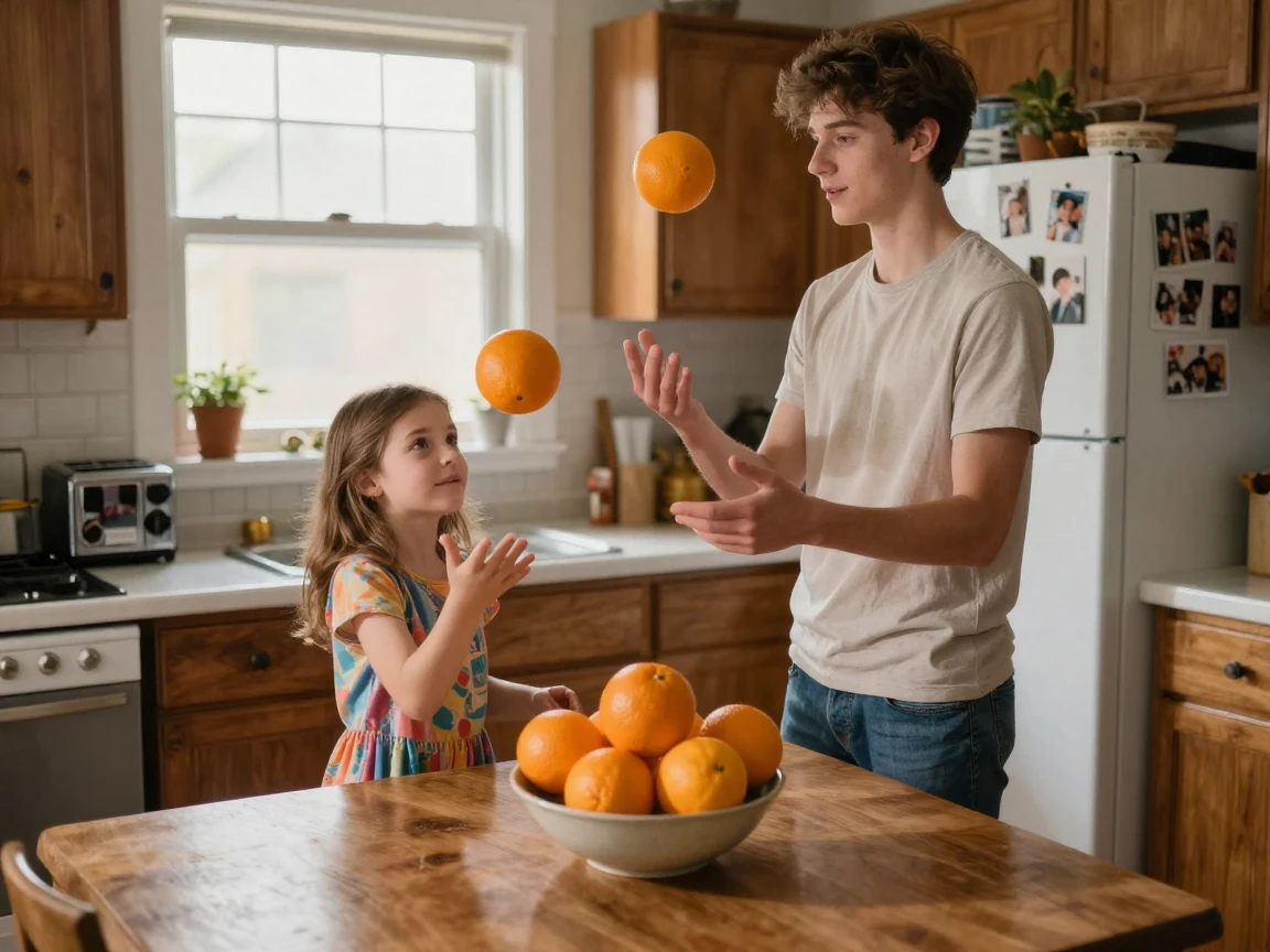 A brother teaches his sister to juggle using three oranges from the kitchen bowl.