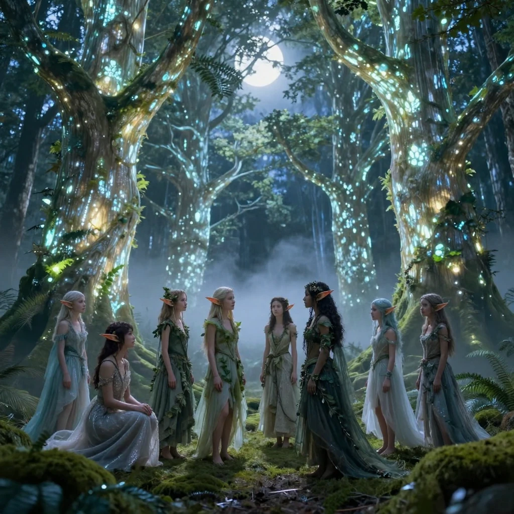 A group of elves gathered beneath giant luminous trees in a moonlit forest