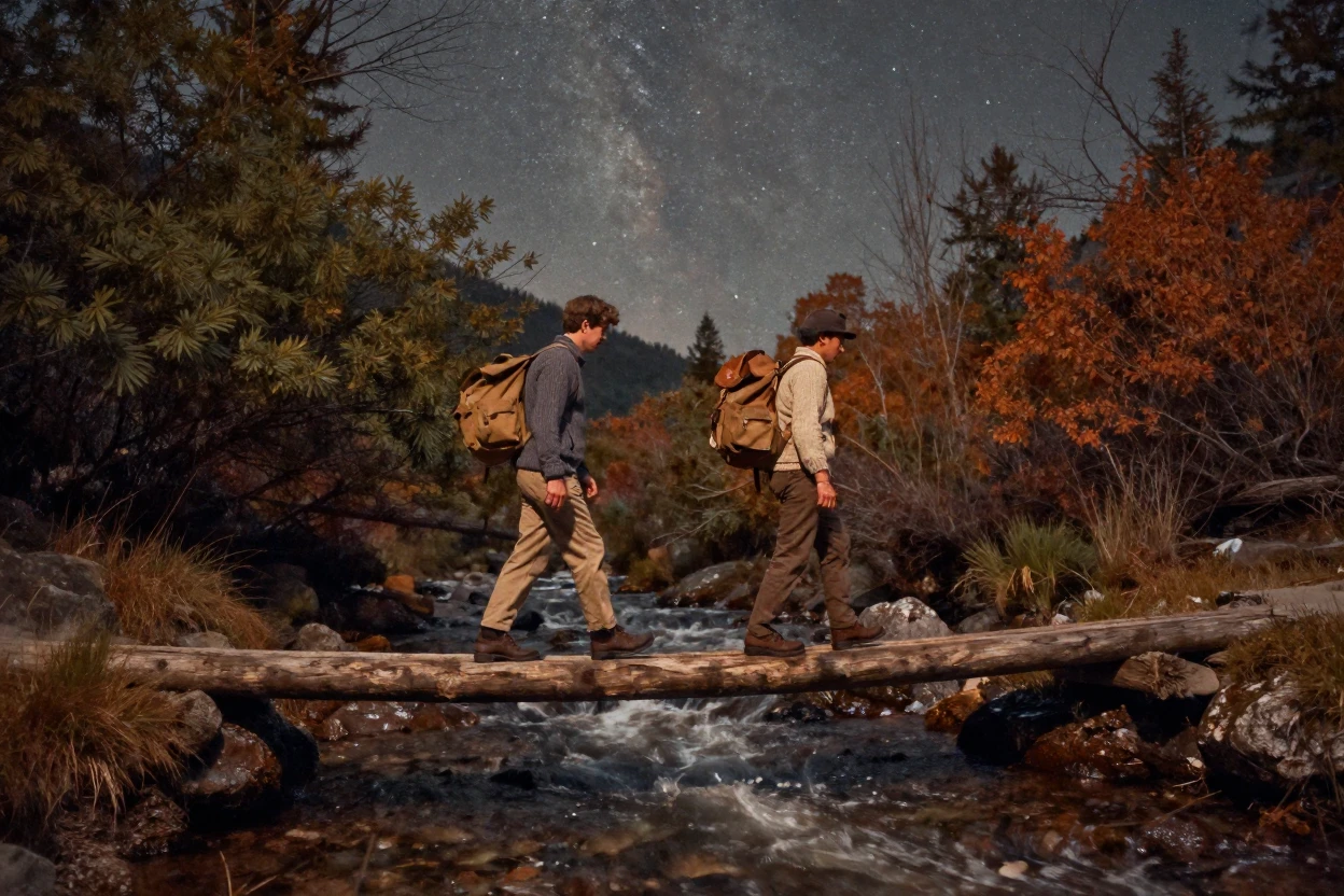 Two hikers crossing a narrow log bridge over a rushing stream, under a canopy of stars, in still, windless air, as summer fades into fall, with muted olive and rust colors, from a three-quarter angle.