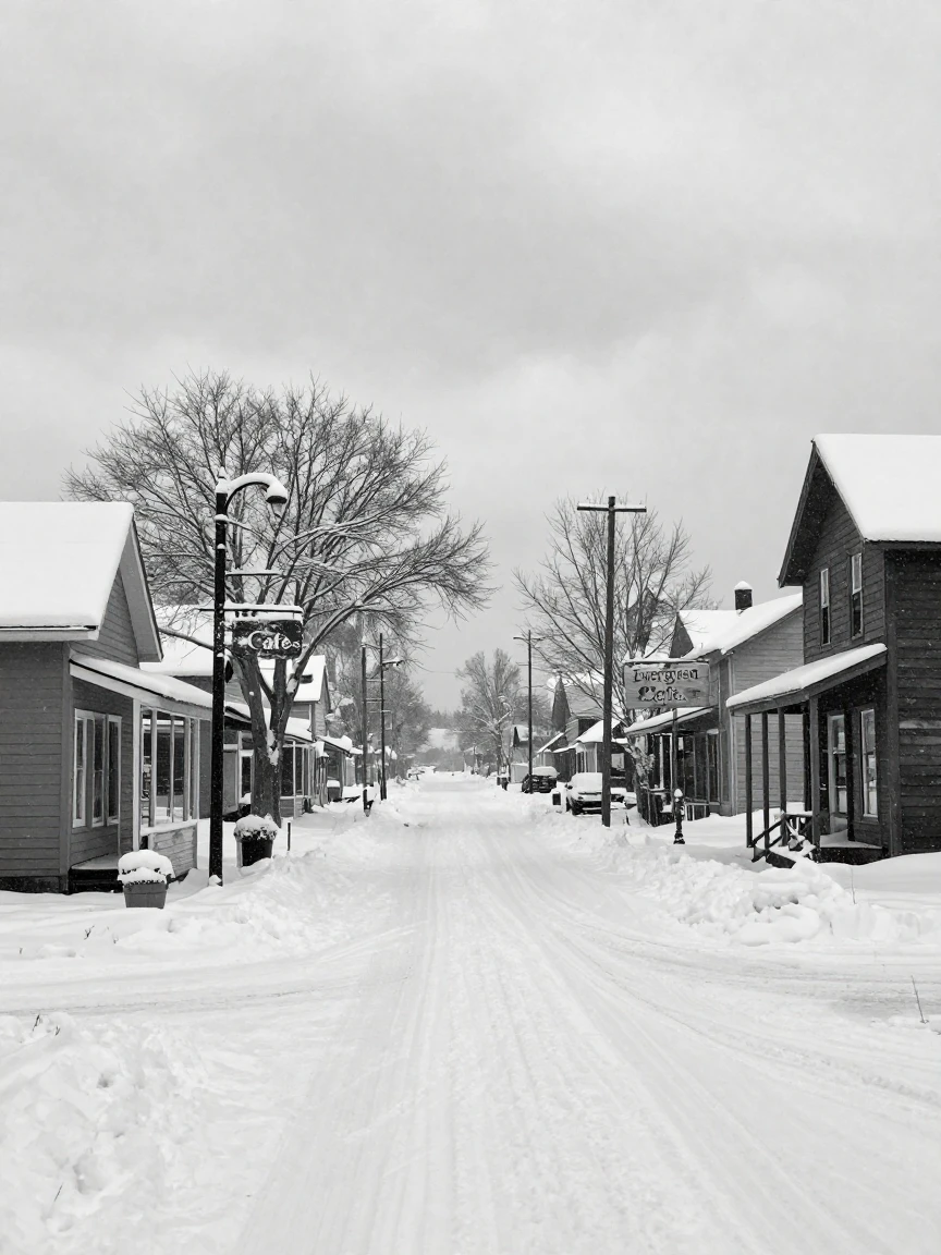 A snowstorm blankets a small town overnight along an empty snow-covered street.