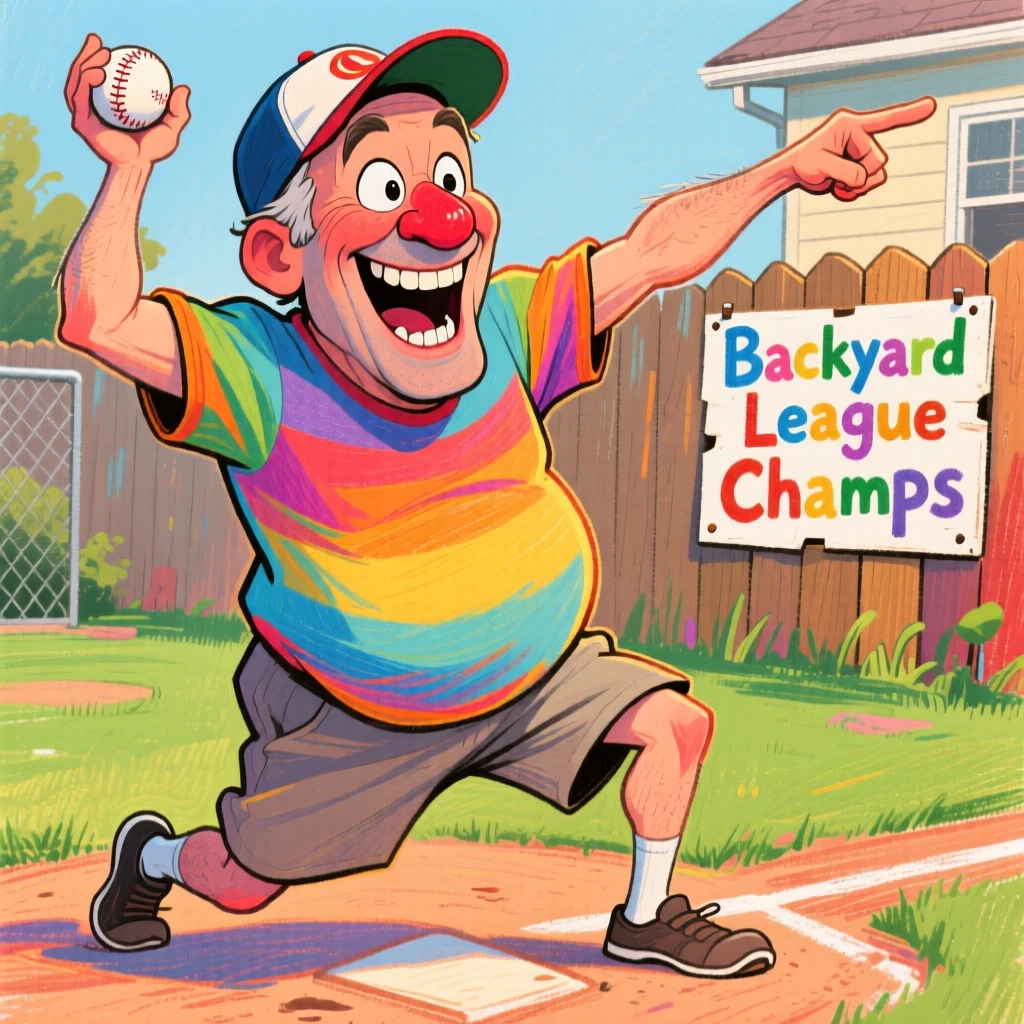 A man doing an over-the-top bow after a small home run in a backyard game.