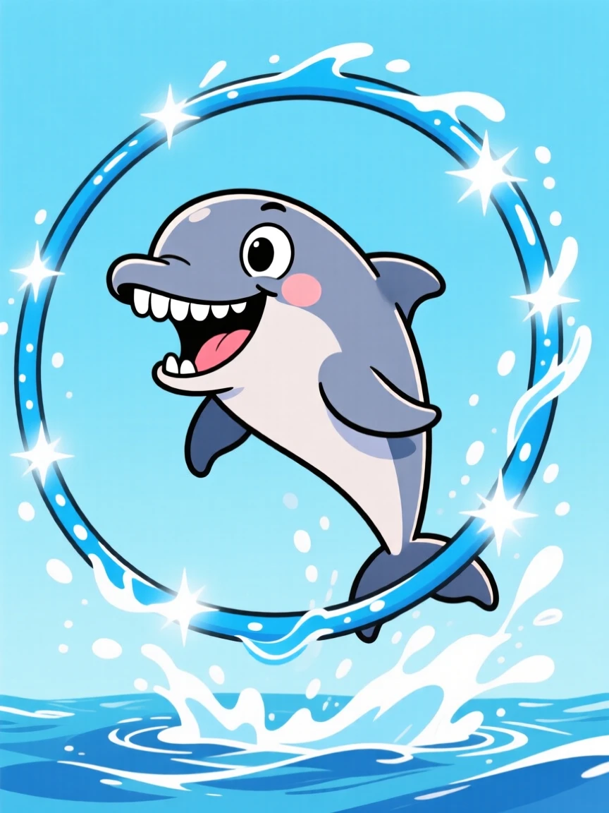 A charming animal moment featuring a playful dolphin leaping through a hoop of sparkling ocean spray, grinning widely.