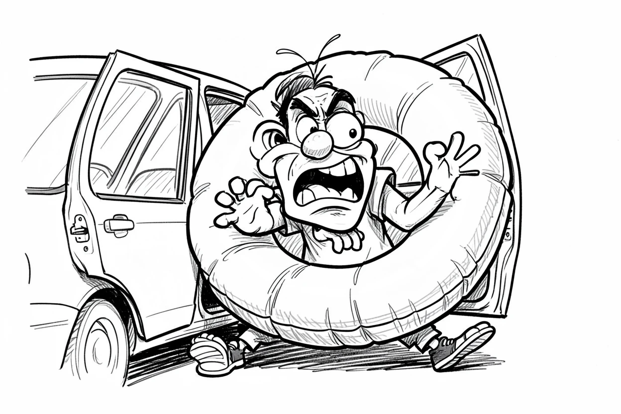 [Funny & Exaggerated Situations] Comical scene of a shopper wrestling a giant inflatable pool float through a car door, exaggerated for maximum laughs