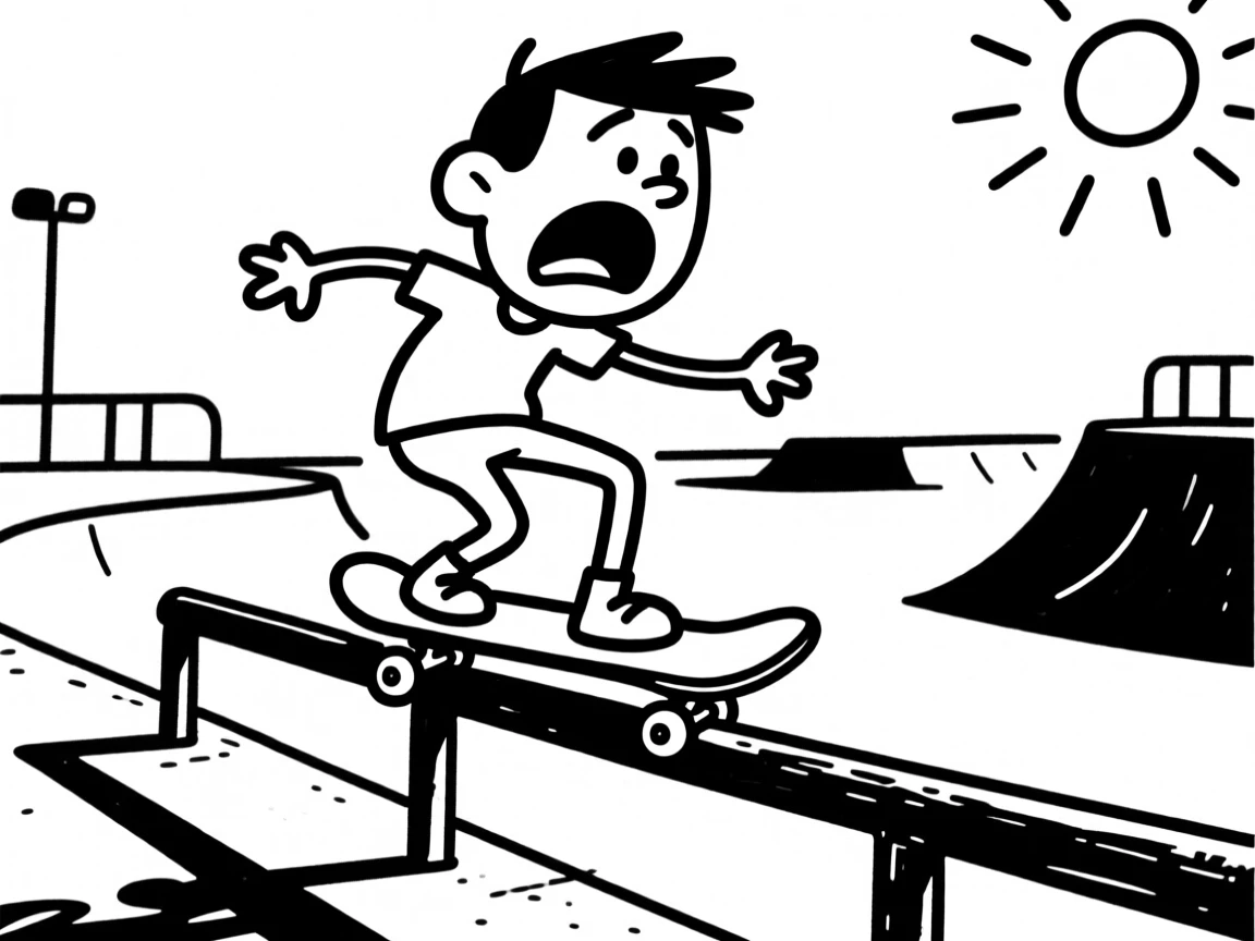 A skateboarder grinding along a rail in a sunny skate park.