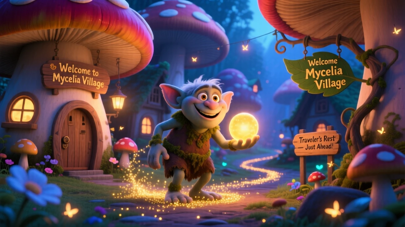 A friendly troll stands in a village built inside giant mushrooms, guiding lost travelers with a soft glow. A magical, wondrous stillness fills the scene, with a trail of glimmering dust following each step.
