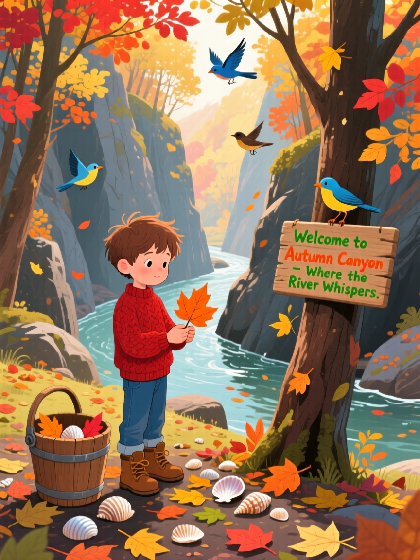 A boy collecting seashells pauses while collecting colorful leaves in autumn in a canyon carved by an old river, with birdsong echoing through the trees.