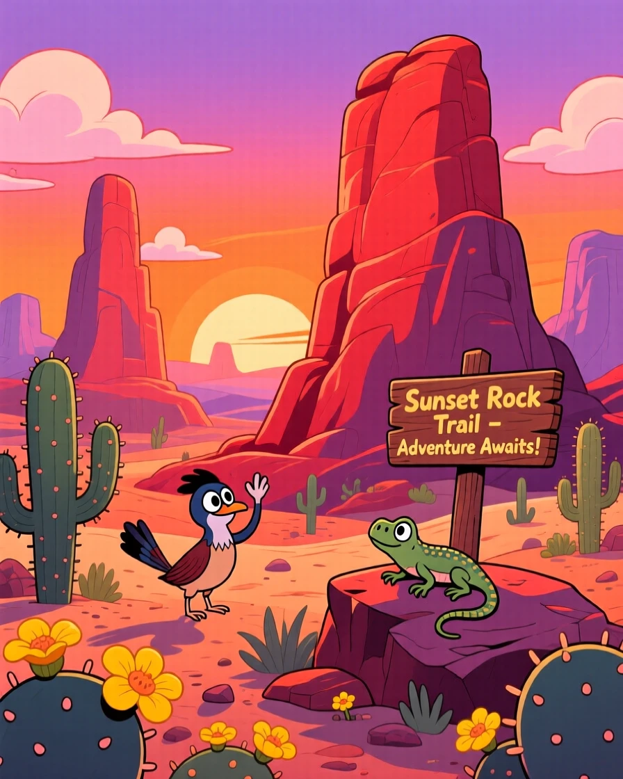 A desert landscape with towering red rock formations at sunset.