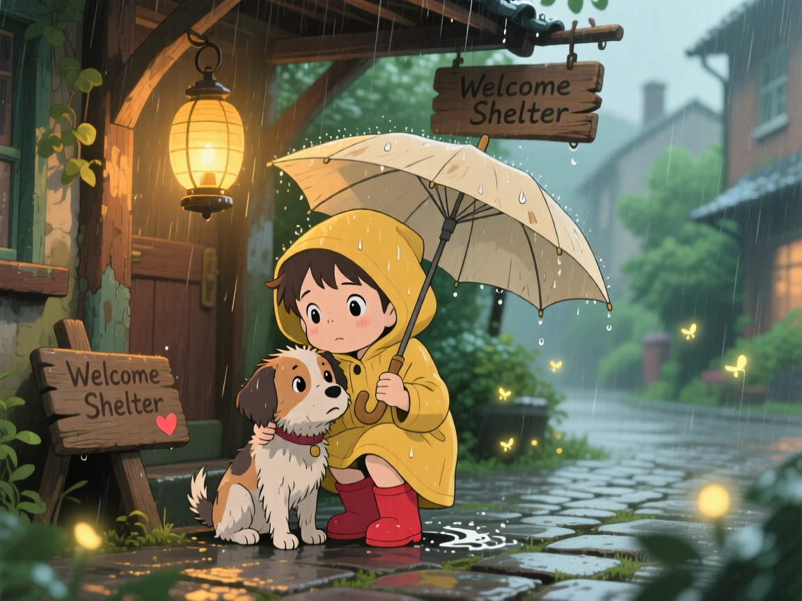 A tender moment of a child comforting a lost puppy under a rainy awning, the scene deeply heartfelt.
