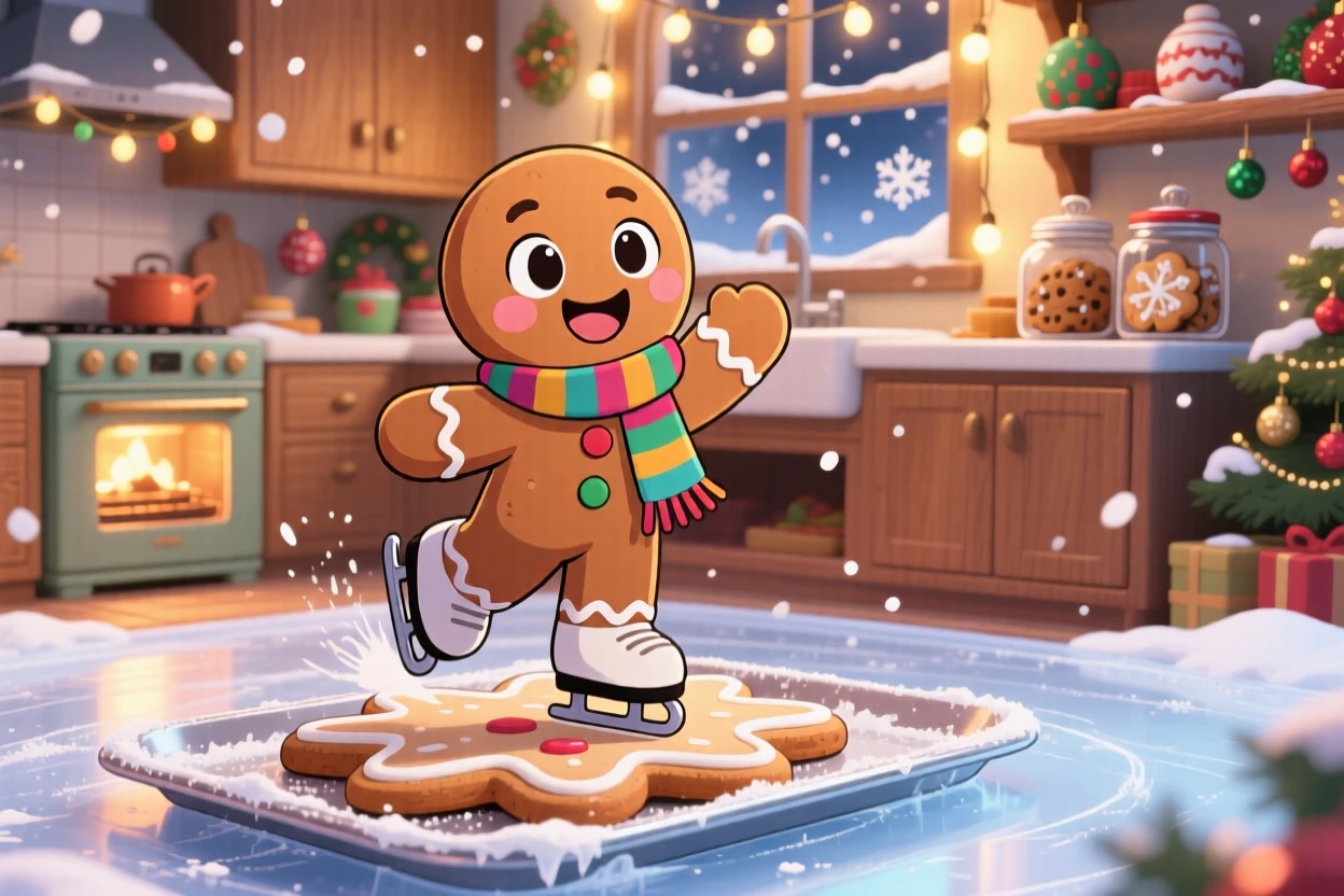 Waist-up portrait: a tiny gingerbread person, ice-skating across a frosted cookie tray, set against a cozy holiday kitchen amid softly falling snow, with warm fairy-light glow and a mood of triumphant pride.
