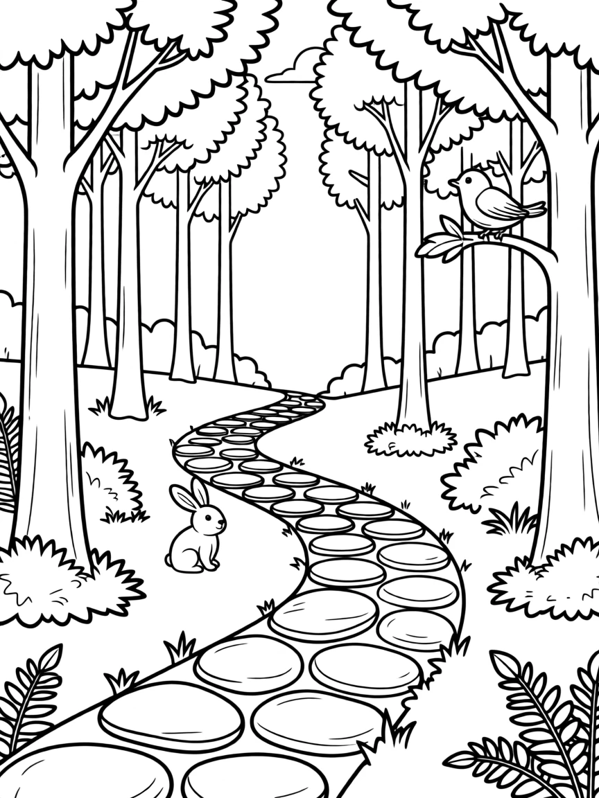 A moss-covered stone path leading through a quiet forest