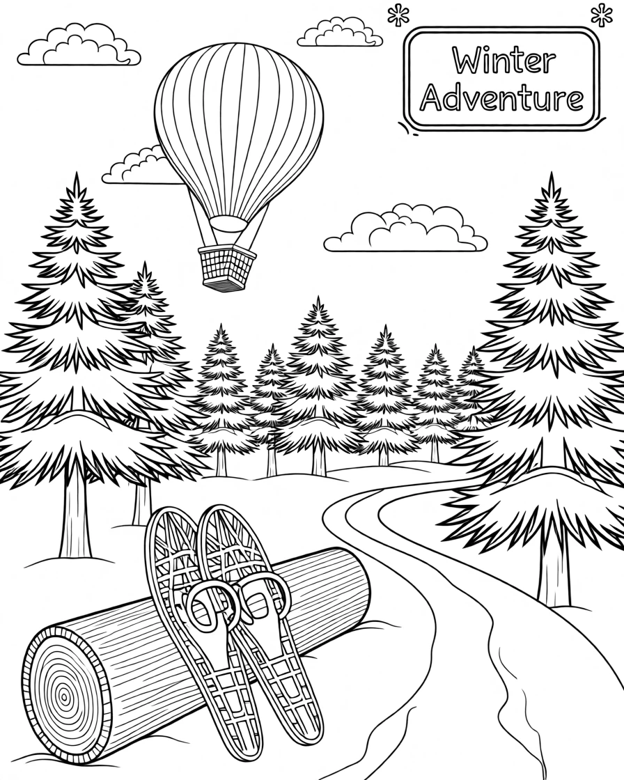 A pair of snowshoes leaning against a log near a frosty trail, a hot air balloon drifting through a sky painted with clouds.