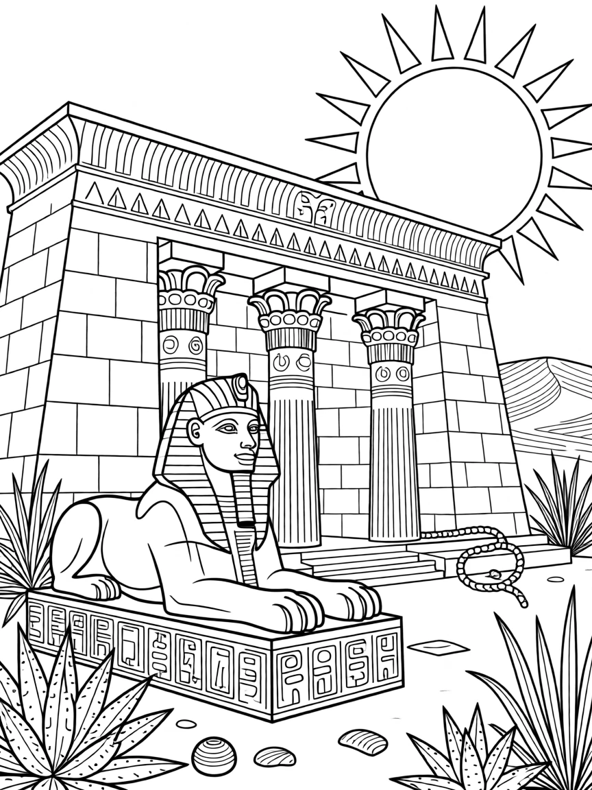 A sphinx statue guarding the entrance to a desert temple.