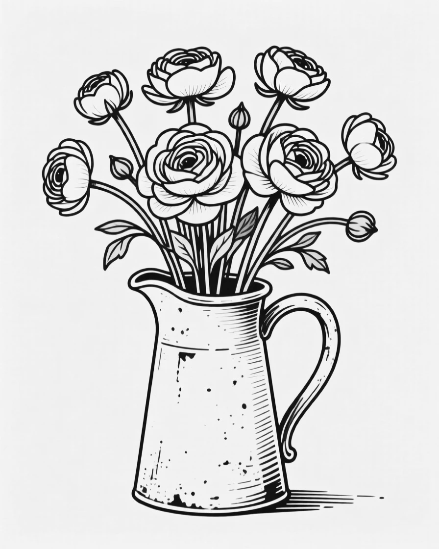 A bouquet of ranunculus in a rustic pitcher