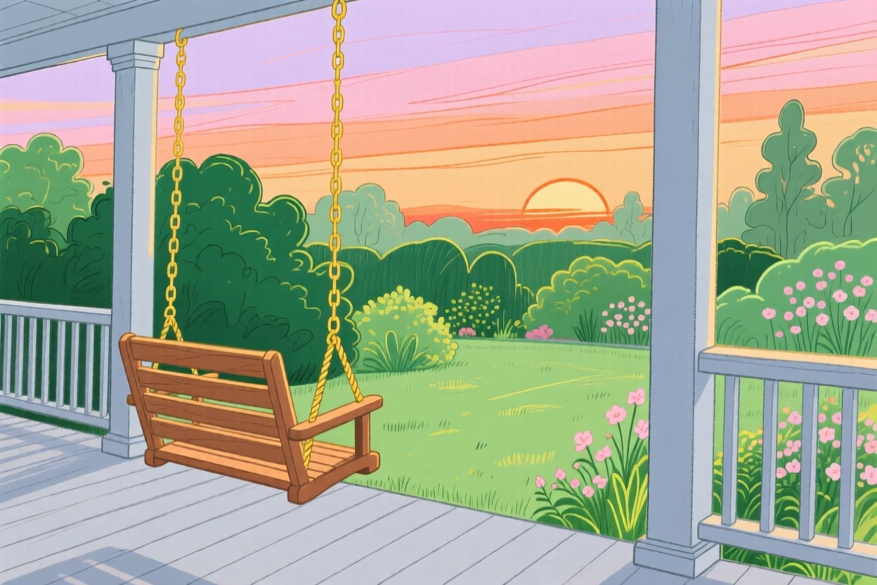 A porch swing overlooking a garden at sunset.