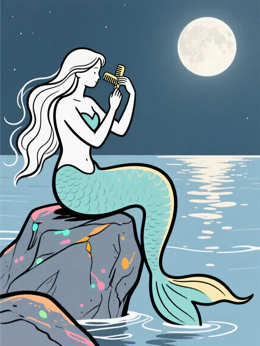 A mermaid perched on a rock combing her hair beside a moonlit sea.