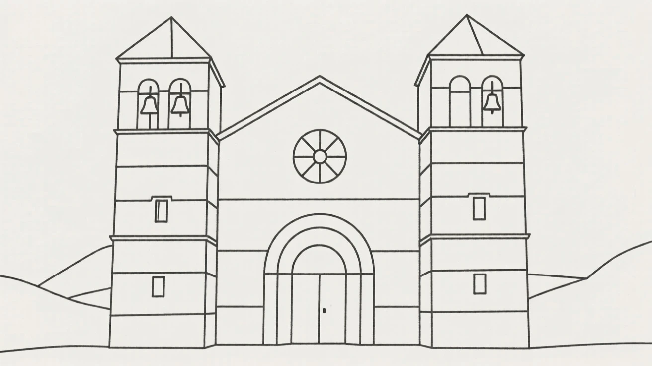 A grand cathedral facade with twin bell towers